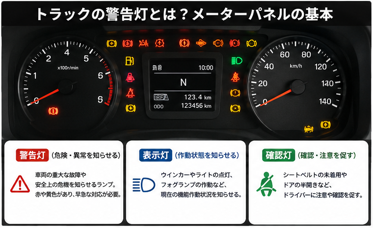 トラックのエンジン警告灯が点灯したら？種類・原因・対処法を一覧で